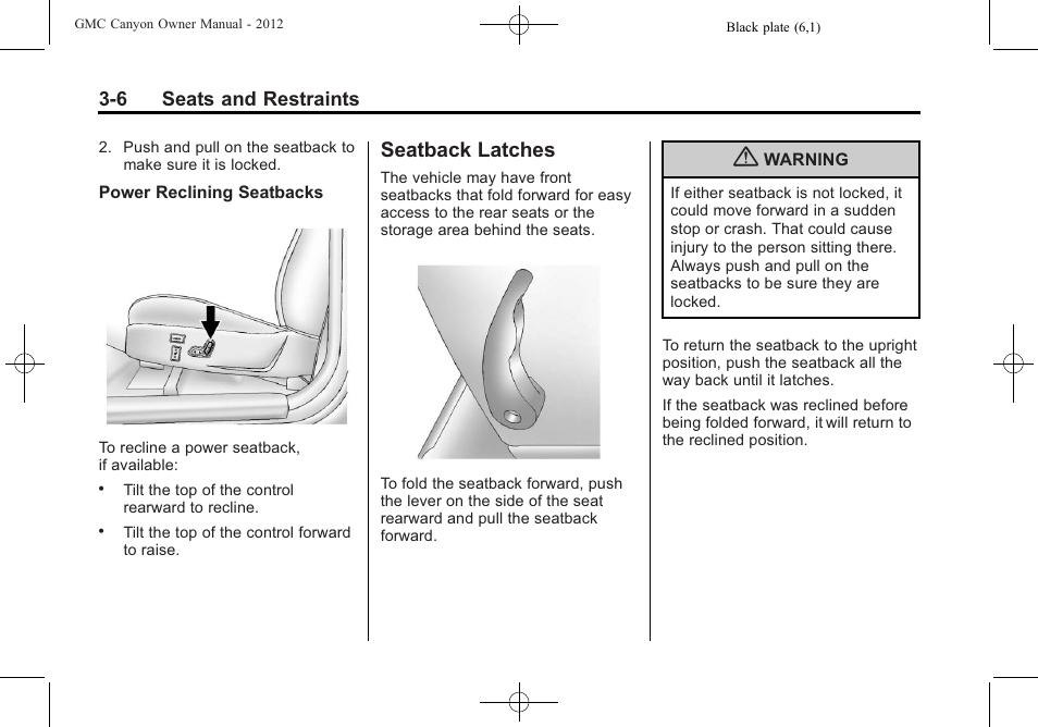 Seatback latches, Seatback latches -6 | GMC 2012 Canyon User Manual | Page 50 / 386