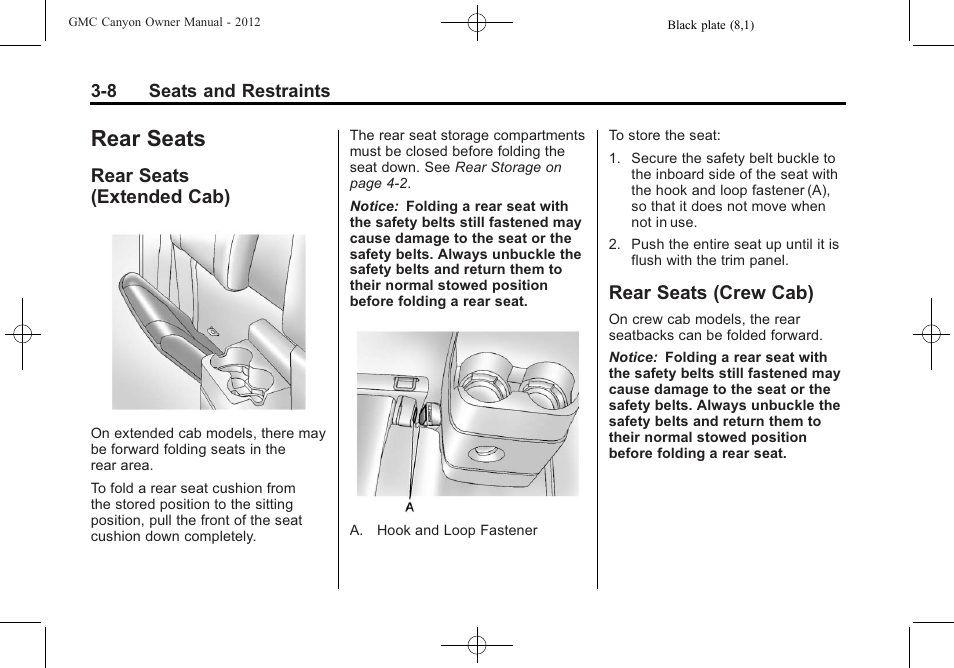 Rear seats, Rear seats (extended cab), Rear seats (crew cab) | Rear seats -8 | GMC 2012 Canyon User Manual | Page 52 / 386