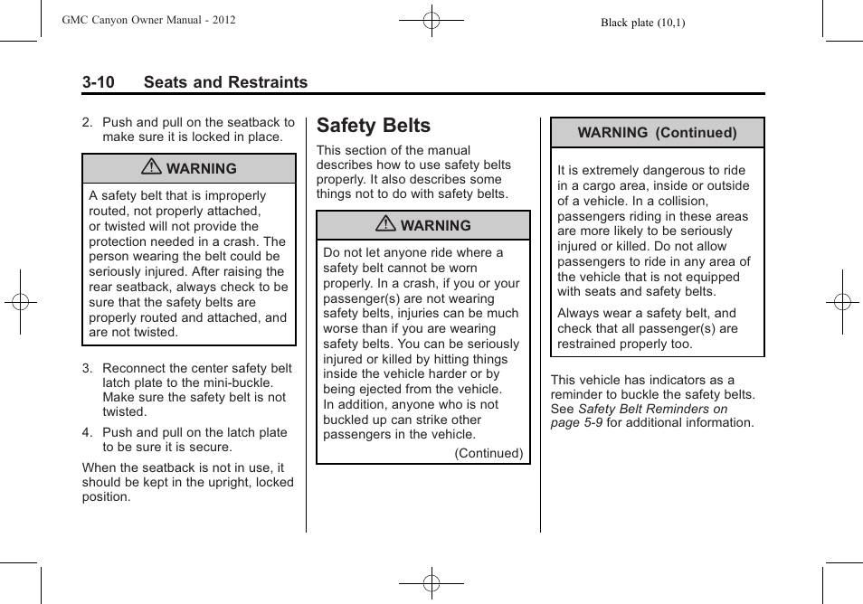 Safety belts, Safety belts -10, Climate controls | GMC 2012 Canyon User Manual | Page 54 / 386
