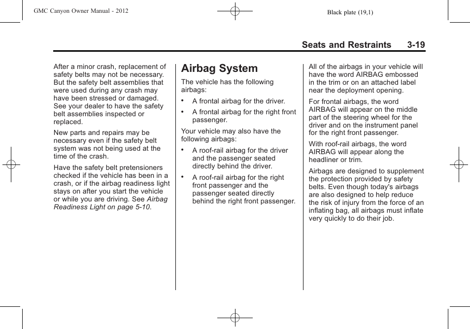 Airbag system, Airbag system -19, Climate control systems | Seats and restraints 3-19 | GMC 2012 Canyon User Manual | Page 63 / 386