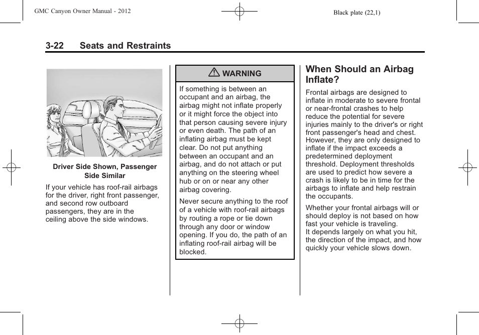 When should an airbag inflate, When should an airbag, Inflate? -22 | GMC 2012 Canyon User Manual | Page 66 / 386