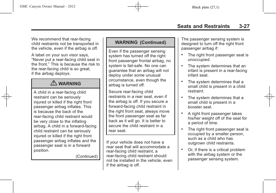 Seats and restraints 3-27 | GMC 2012 Canyon User Manual | Page 71 / 386