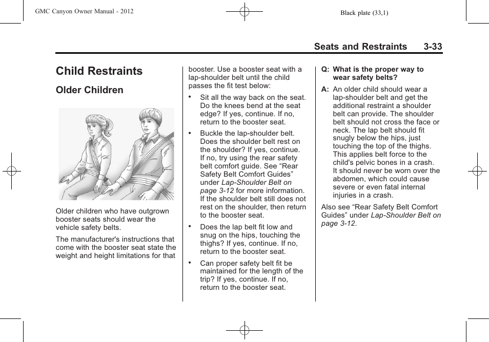 Child restraints, Older children, Child restraints -33 | Air vents -3, Older children -33, Seats and restraints 3-33 | GMC 2012 Canyon User Manual | Page 77 / 386