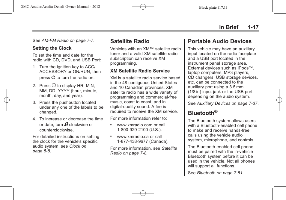 Satellite radio, Portable audio devices, Bluetooth | Radio -17 portable audio devices -17 bluetooth | GMC 2012 Acadia User Manual | Page 23 / 456