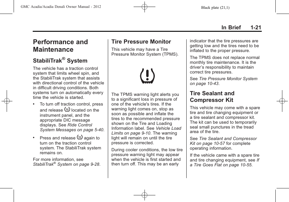 Performance and maintenance, Stabilitrak® system, Tire pressure monitor | Tire sealant and compressor kit, Performance and, Maintenance -21, Instruments and, Stabilitrak, System -21, Tire pressure monitor -21 tire sealant and | GMC 2012 Acadia User Manual | Page 27 / 456