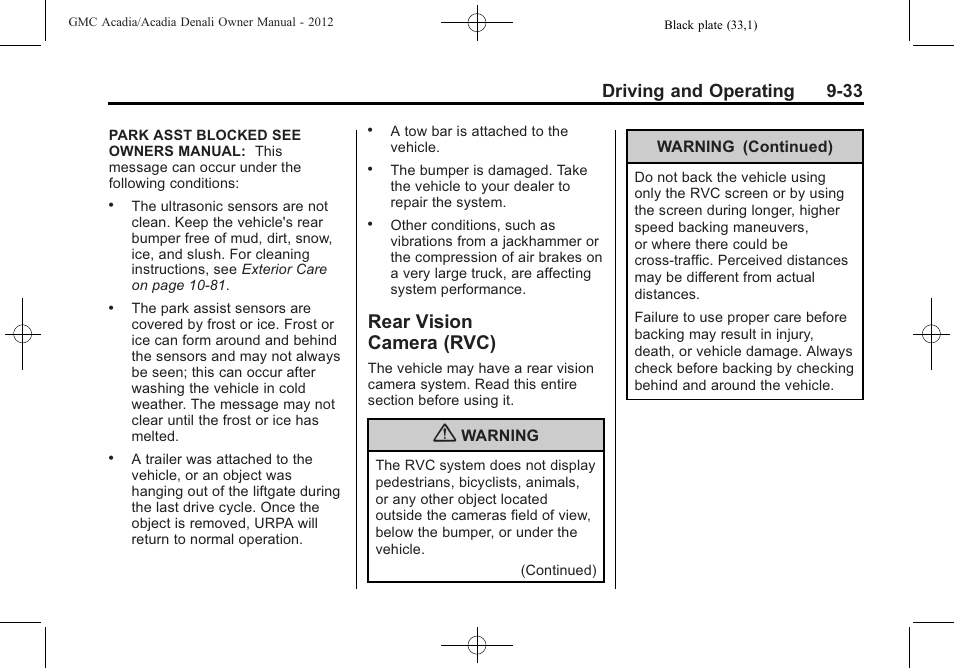 Rear vision camera (rvc), Rear vision, Camera (rvc) -33 | Driving and operating 9-33 | GMC 2012 Acadia User Manual | Page 287 / 456