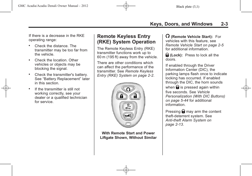 Remote keyless entry (rke) system operation, Remote keyless entry (rke), System operation -3 | Power, Keys, doors, and windows 2-3 | GMC 2012 Acadia User Manual | Page 33 / 456