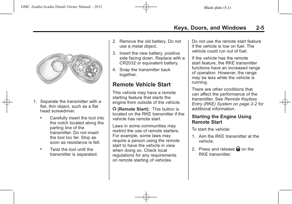 Remote vehicle start, Remote vehicle start -5, Folding | Keys, doors, and windows 2-5 | GMC 2012 Acadia User Manual | Page 35 / 456