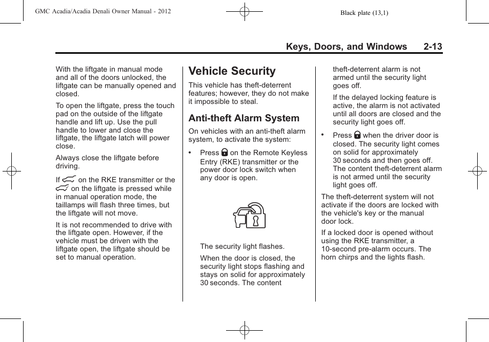 Vehicle security, Anti-theft alarm system, Vehicle security -13 | Vehicle, Vehicle security -13 anti-theft alarm system -13, Windows | GMC 2012 Acadia User Manual | Page 43 / 456