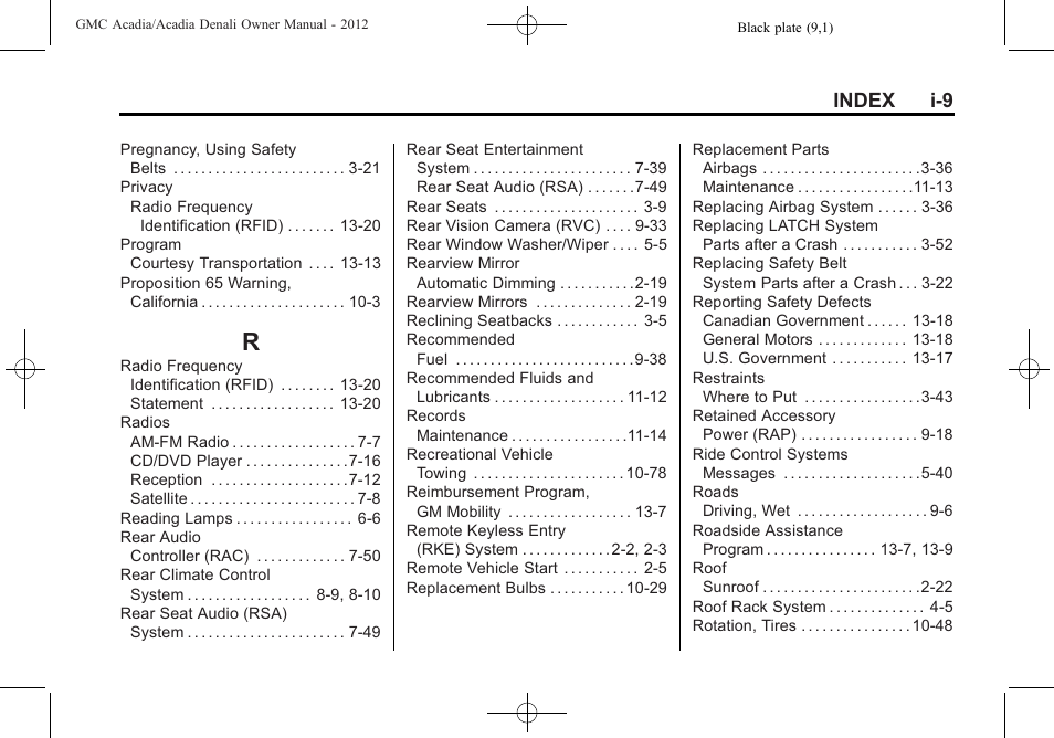 Index_r, Index i-9 | GMC 2012 Acadia User Manual | Page 453 / 456