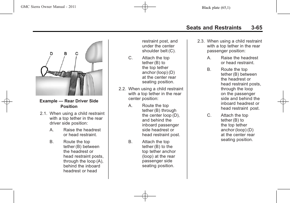 Seats and restraints 3-65 | GMC 2011 Sierra User Manual | Page 133 / 594