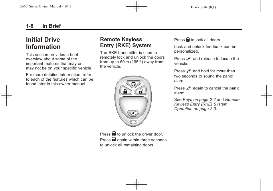 Initial drive information, Remote keyless entry (rke) system, Initial drive information -8 | Air vents, System -8 | GMC 2011 Sierra User Manual | Page 14 / 594