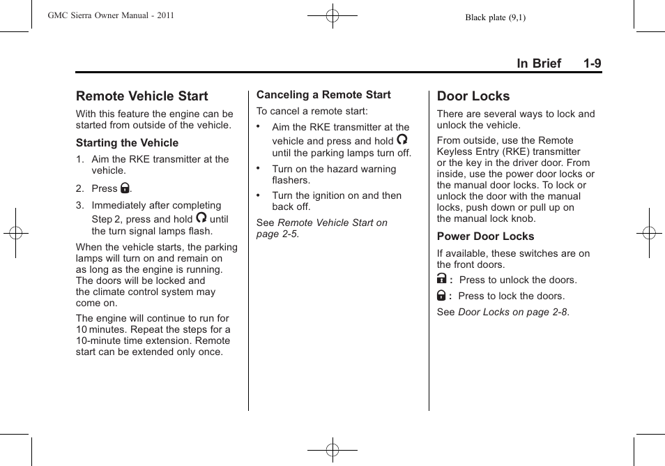 Remote vehicle start, Door locks, Remote vehicle start -9 door locks -9 | Four-wheel | GMC 2011 Sierra User Manual | Page 15 / 594