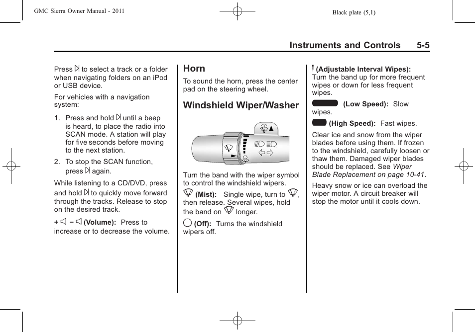 Horn, Windshield wiper/washer, Horn -5 windshield wiper/washer -5 | GMC 2011 Sierra User Manual | Page 153 / 594