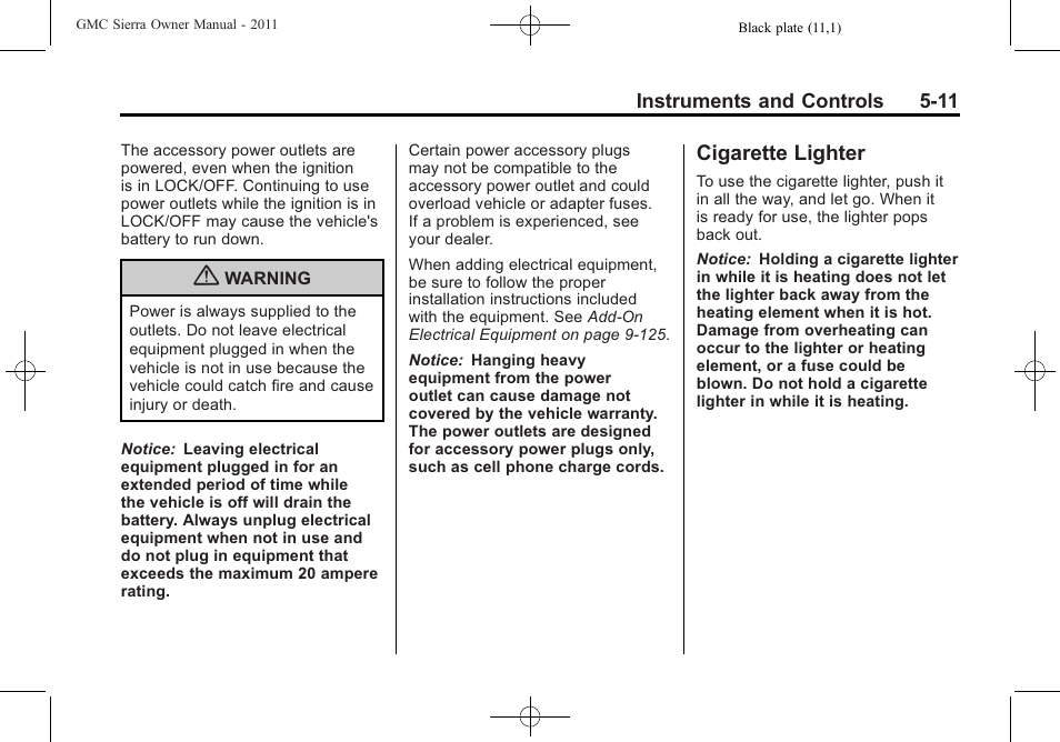 Cigarette lighter, Cigarette lighter -11 | GMC 2011 Sierra User Manual | Page 159 / 594