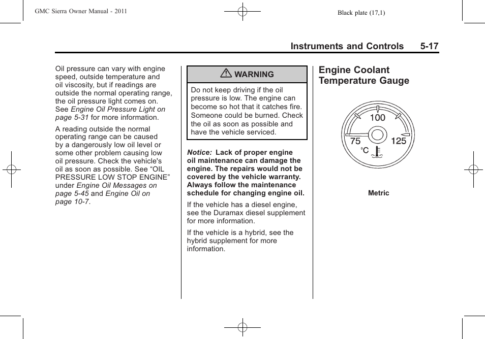 Engine coolant temperature gauge, Engine coolant temperature, Gauge -17 | GMC 2011 Sierra User Manual | Page 165 / 594