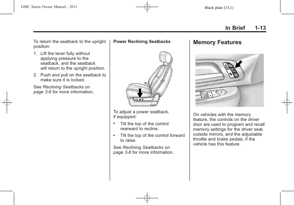Memory features, Memory features -13 | GMC 2011 Sierra User Manual | Page 19 / 594