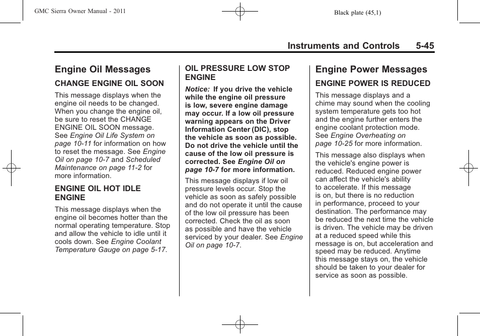 Engine oil messages, Engine power messages, Engine oil messages -45 engine power messages -45 | GMC 2011 Sierra User Manual | Page 193 / 594