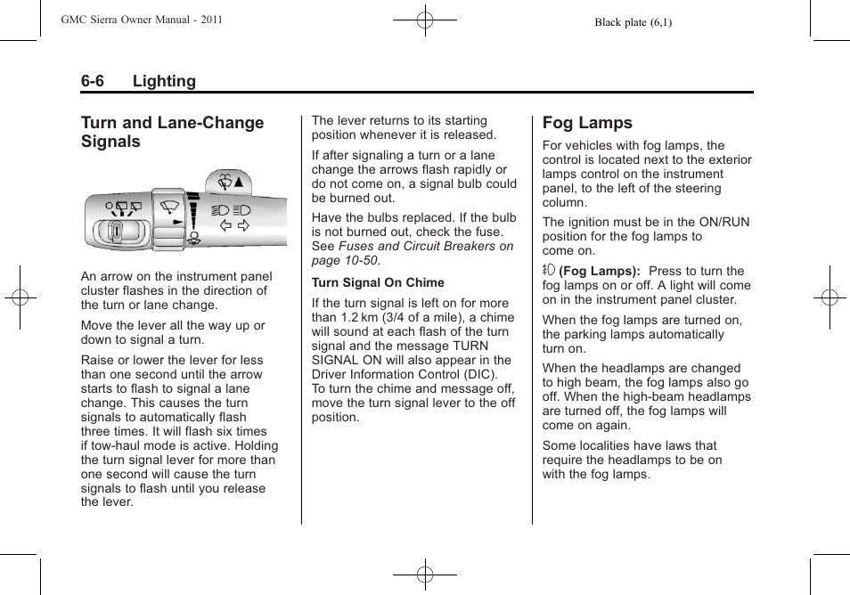 Turn and lane-change signals, Fog lamps, Turn and lane-change | Signals -6, Fog lamps -6 | GMC 2011 Sierra User Manual | Page 222 / 594