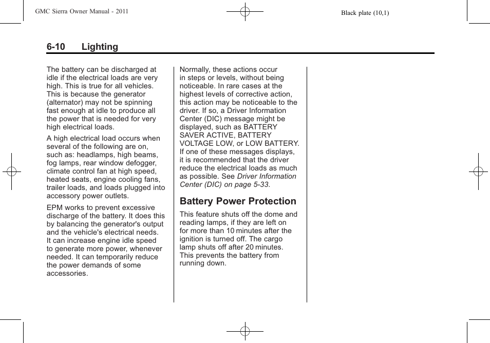 Battery power protection, Battery power protection -10 | GMC 2011 Sierra User Manual | Page 226 / 594