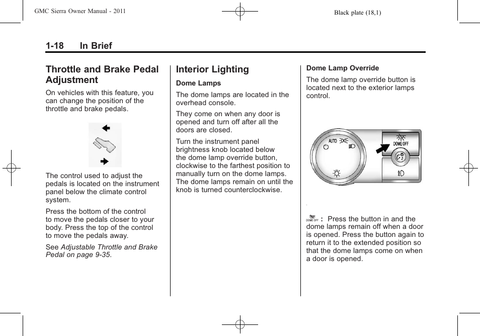 Throttle and brake pedal adjustment, Interior lighting, Throttle and brake pedal | Adjustment -18, Interior lighting -18 | GMC 2011 Sierra User Manual | Page 24 / 594