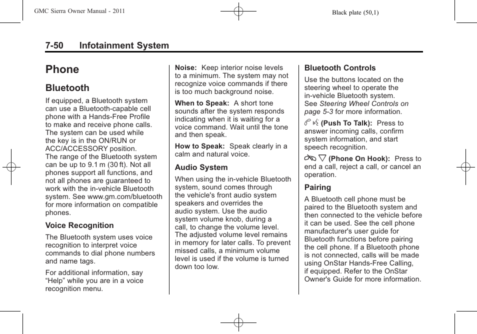 Phone, Bluetooth, Phone -50 | Bluetooth -50 | GMC 2011 Sierra User Manual | Page 276 / 594