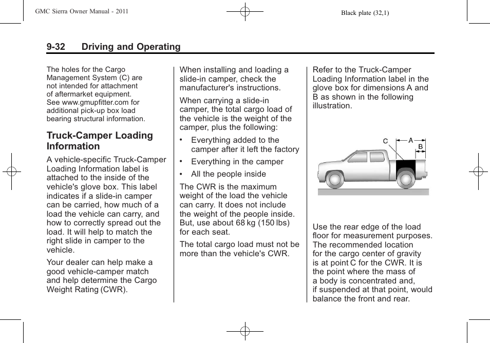 Truck-camper loading information, Truck-camper loading, Information -32 | 32 driving and operating | GMC 2011 Sierra User Manual | Page 326 / 594