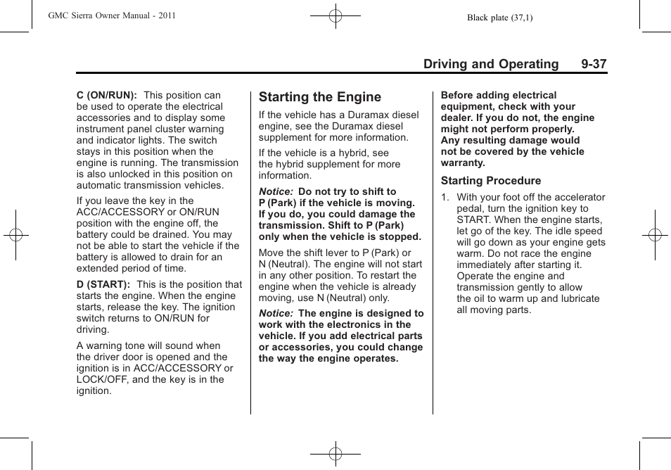 Starting the engine, Starting the engine -37 | GMC 2011 Sierra User Manual | Page 331 / 594