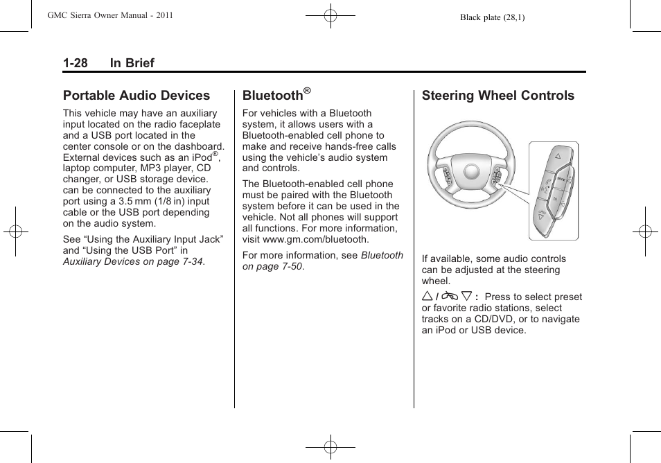 Portable audio devices, Bluetooth, Steering wheel controls | Portable audio devices -28 bluetooth, Steering wheel controls -28 | GMC 2011 Sierra User Manual | Page 34 / 594