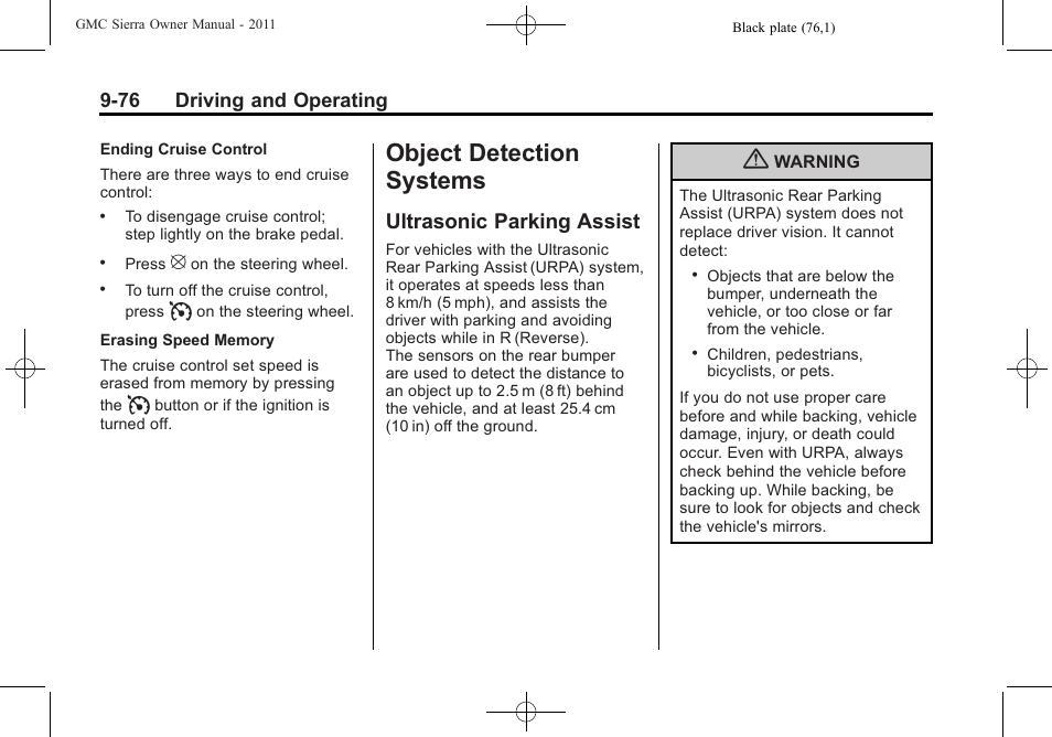Object detection systems, Ultrasonic parking assist, Systems -76 | Ultrasonic parking assist -76 | GMC 2011 Sierra User Manual | Page 370 / 594