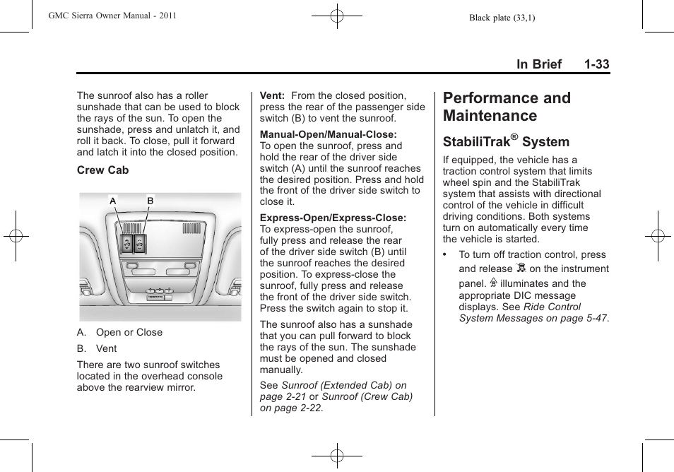 Performance and maintenance, Stabilitrak® system, Performance and | Maintenance -33, Warning lights, gauges, Stabilitrak, System -33, System | GMC 2011 Sierra User Manual | Page 39 / 594