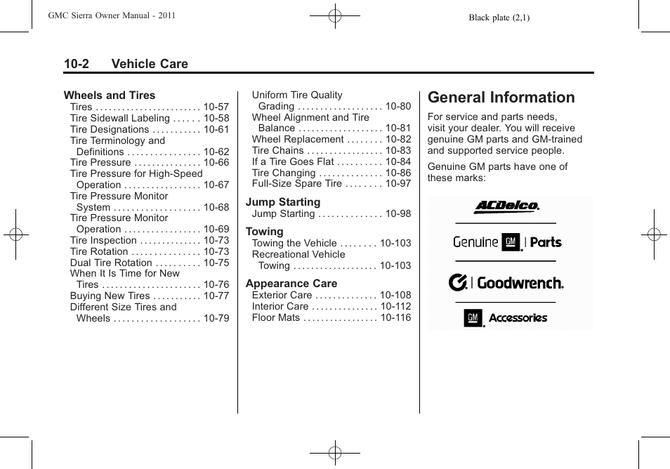 General information, General information -2, Vehicle | 2 vehicle care | GMC 2011 Sierra User Manual | Page 426 / 594