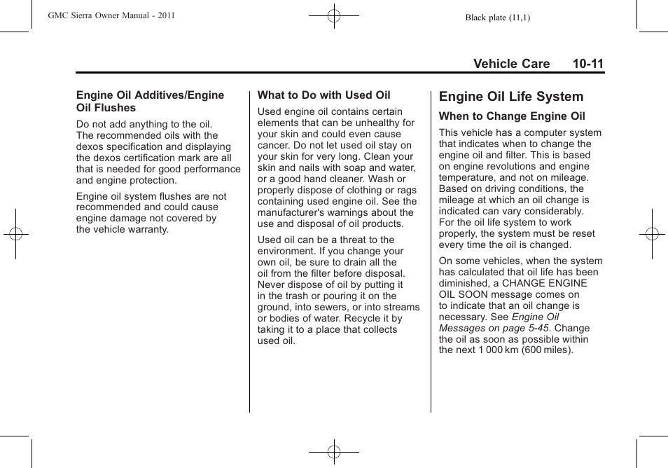 Engine oil life system, Engine oil life system -11 | GMC 2011 Sierra User Manual | Page 435 / 594