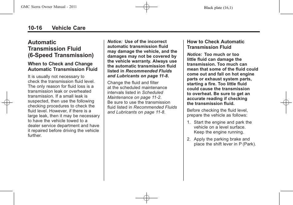 Automatic transmission, Fluid (6-speed transmission) -16, Headlamp | GMC 2011 Sierra User Manual | Page 440 / 594