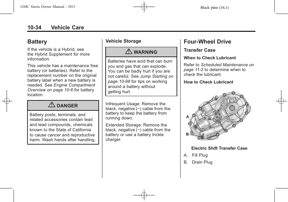 Battery, Four-wheel drive, Battery -34 four-wheel drive -34 | GMC 2011 Sierra User Manual | Page 458 / 594