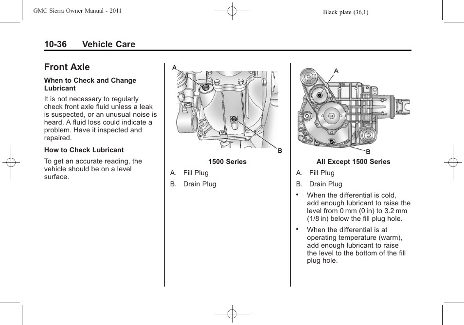 Front axle, Front axle -36, 36 vehicle care | GMC 2011 Sierra User Manual | Page 460 / 594