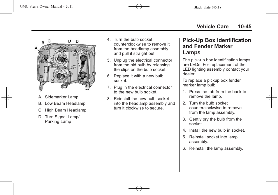 Pick-up box identification and fender marker lamps, Pick-up box identification, Fender marker lamps -45 | Vehicle care 10-45 | GMC 2011 Sierra User Manual | Page 469 / 594