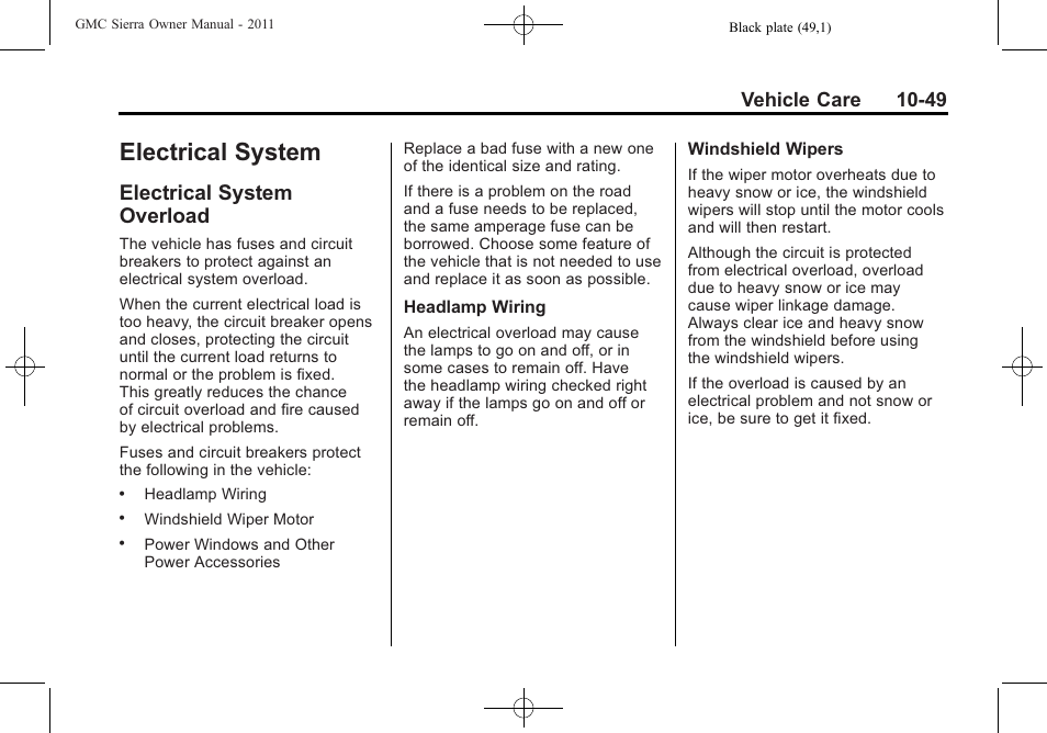 Electrical system, Electrical system overload, Electrical system -49 | Customer information, Overload -49, Vehicle care 10-49 | GMC 2011 Sierra User Manual | Page 473 / 594