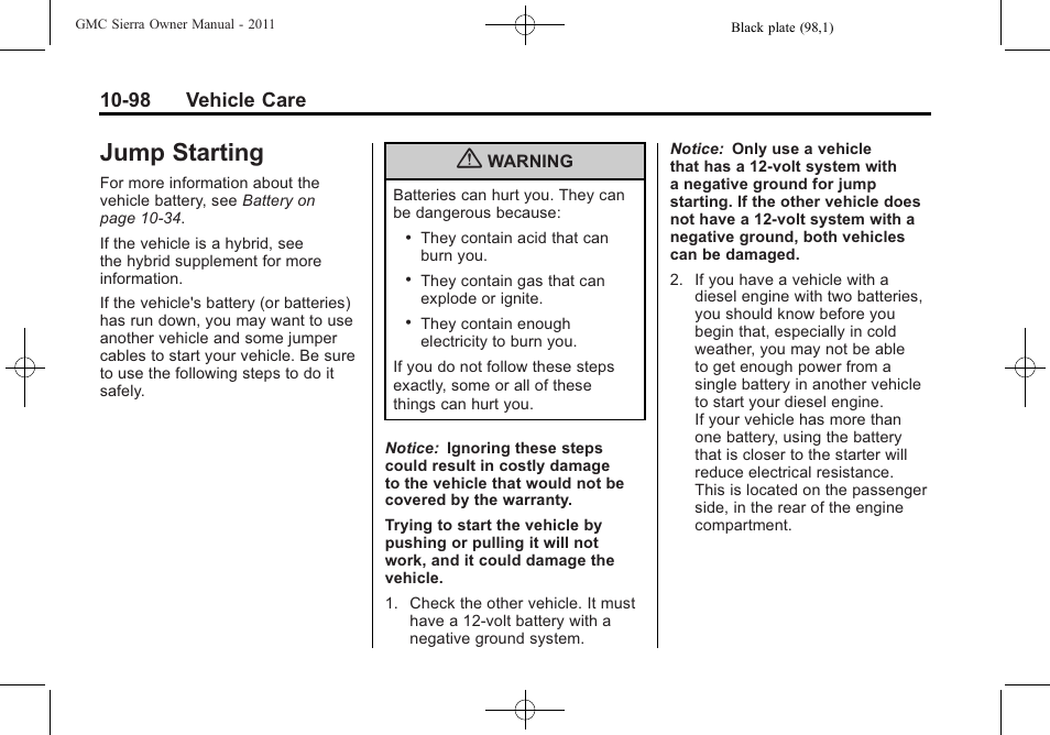 Jump starting, Jump starting -98, Jump | 98 vehicle care | GMC 2011 Sierra User Manual | Page 522 / 594