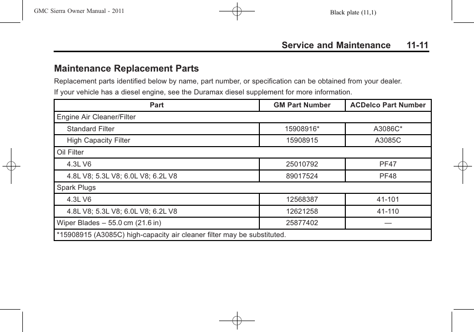 Maintenance replacement parts, Maintenance replacement, Parts -11 | Service and maintenance 11-11 | GMC 2011 Sierra User Manual | Page 551 / 594