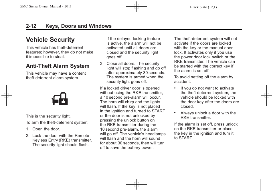 Vehicle security, Anti-theft alarm system, Vehicle security -12 | Universal, Vehicle security -12 anti-theft alarm system -12, 12 keys, doors and windows | GMC 2011 Sierra User Manual | Page 56 / 594