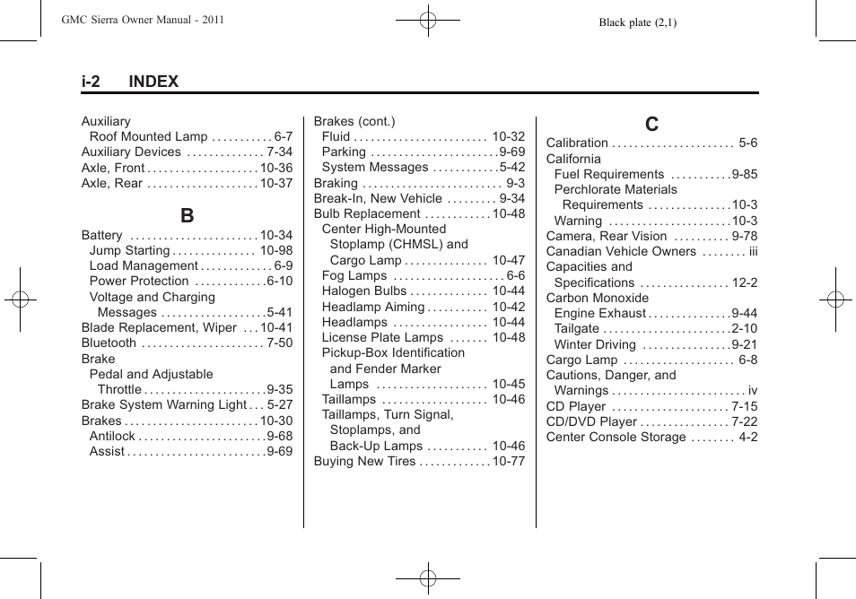 Index_b, Index_c, I-2 index | GMC 2011 Sierra User Manual | Page 582 / 594