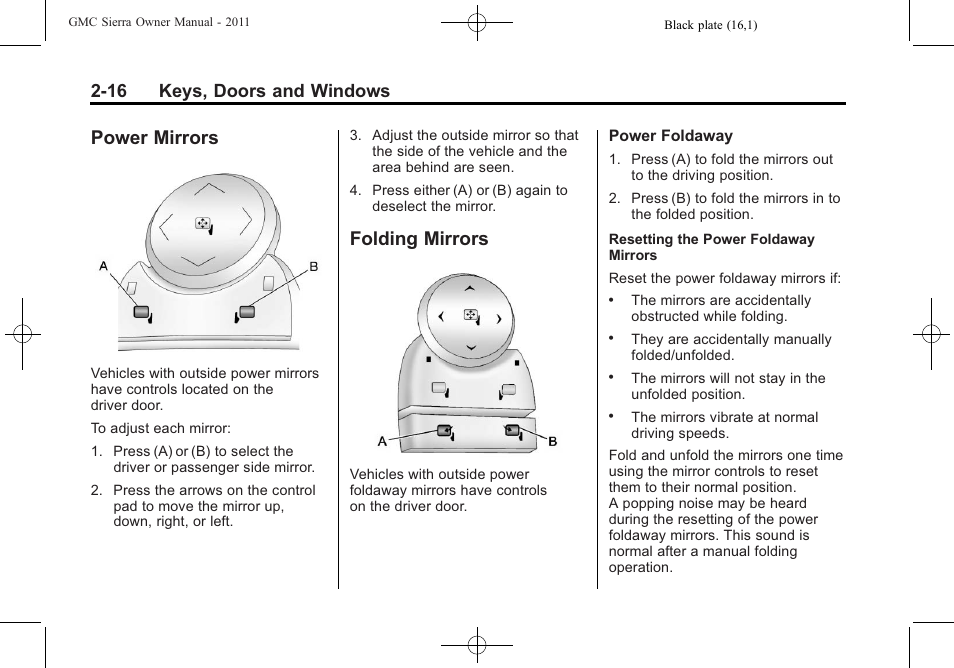 Power mirrors, Folding mirrors, Power mirrors -16 folding mirrors -16 | 16 keys, doors and windows | GMC 2011 Sierra User Manual | Page 60 / 594