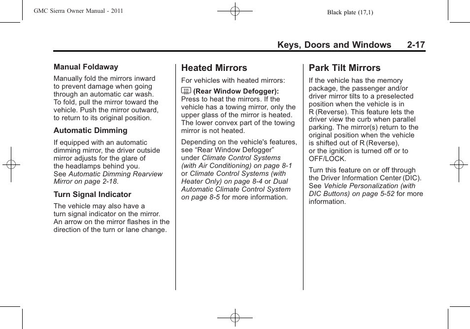Heated mirrors, Park tilt mirrors, Heated mirrors -17 park tilt mirrors -17 | GMC 2011 Sierra User Manual | Page 61 / 594