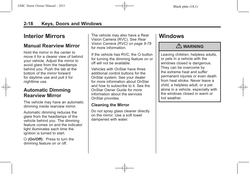Interior mirrors, Manual rearview mirror, Automatic dimming rearview mirror | Windows, Interior mirrors -18 windows -18, Mirror -18, Windows -18 | GMC 2011 Sierra User Manual | Page 62 / 594
