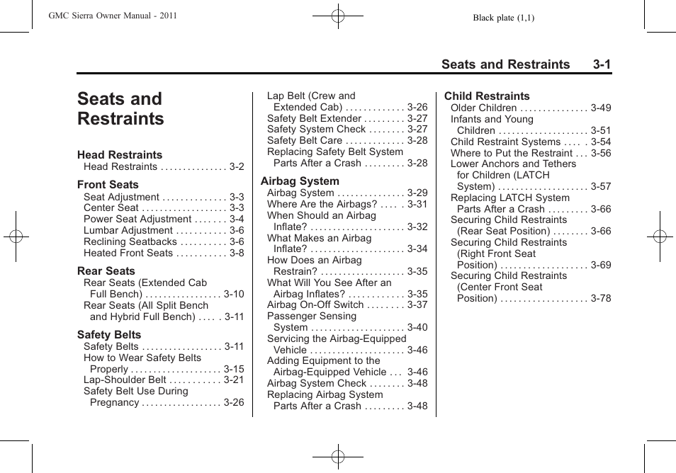 Seats and restraints, Seats and restraints -1, Seats and restraints 3-1 | GMC 2011 Sierra User Manual | Page 69 / 594