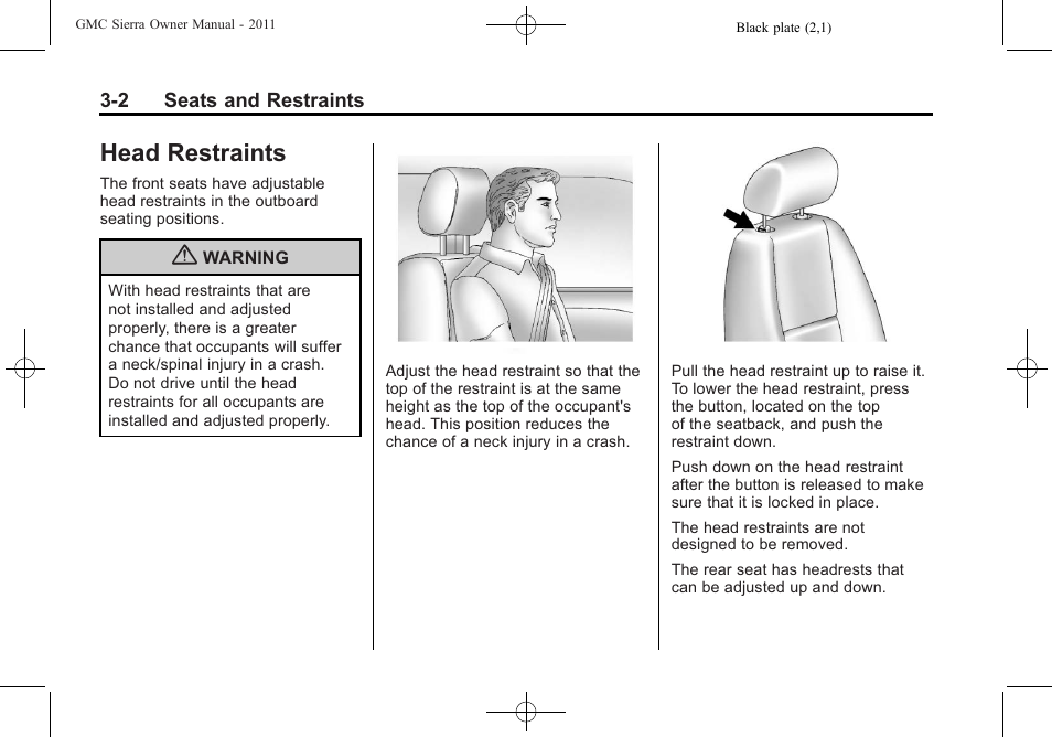 Head restraints, Head restraints -2 | GMC 2011 Sierra User Manual | Page 70 / 594