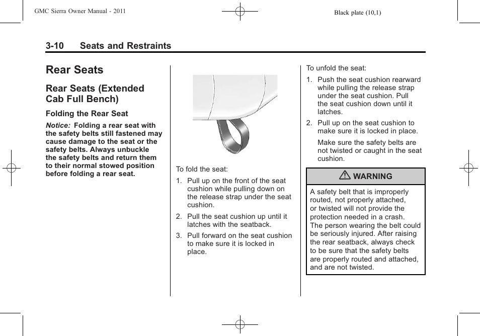 Rear seats, Rear seats (extended cab full bench), Rear seats -10 | Rear seats (extended cab, Full bench) -10 | GMC 2011 Sierra User Manual | Page 78 / 594