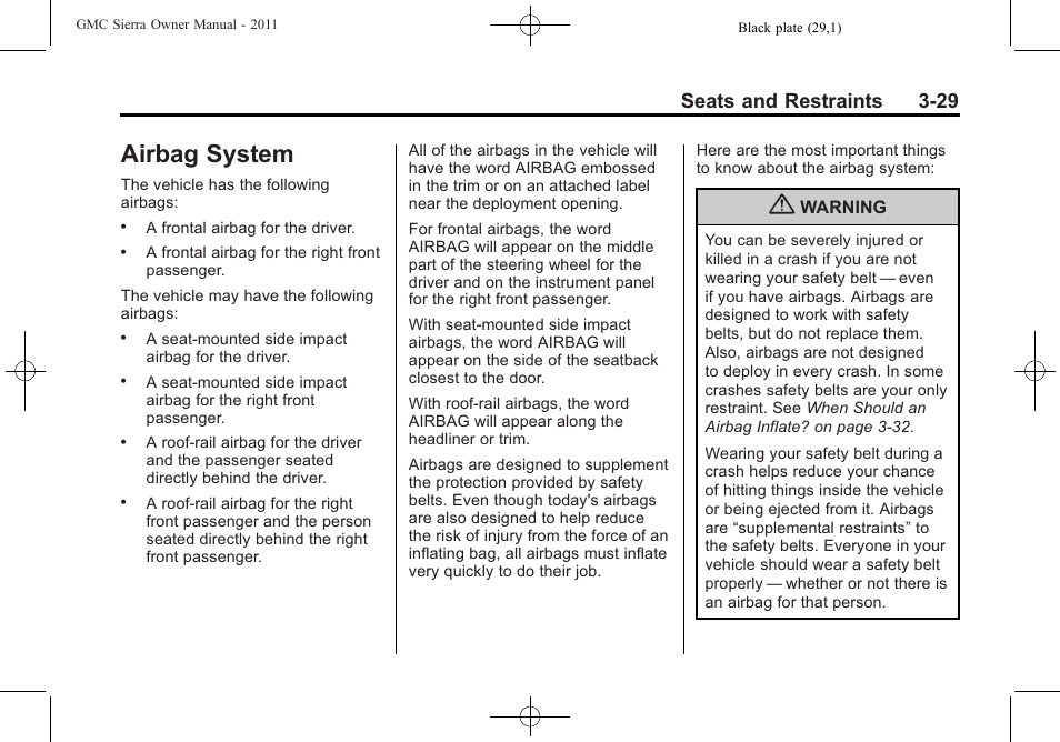 Airbag system, Airbag system -29, Seats and restraints 3-29 | GMC 2011 Sierra User Manual | Page 97 / 594