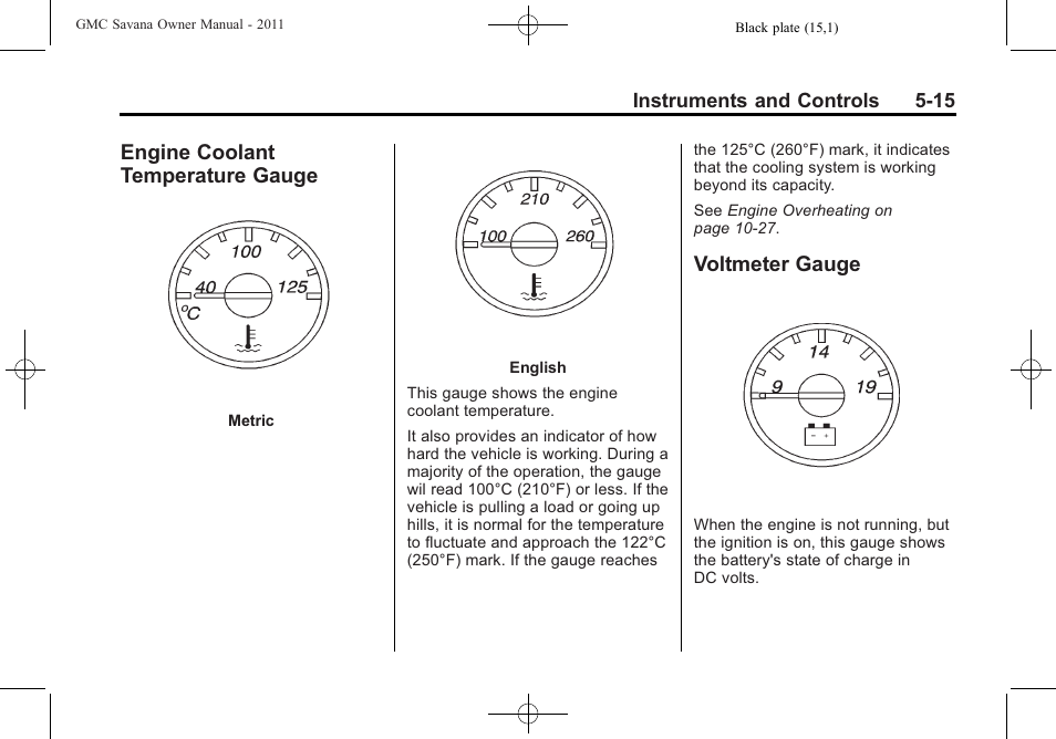 Engine coolant temperature gauge, Voltmeter gauge, Engine coolant temperature | Gauge -15, Voltmeter gauge -15 | GMC 2011 Savana User Manual | Page 131 / 410